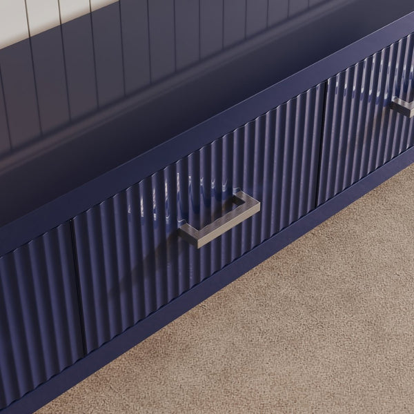 English Elm 78.7" Wide Low Profile Media Console Lacquered Gloss Finish Slatted Drawers Modern Living Blue B2757P456200