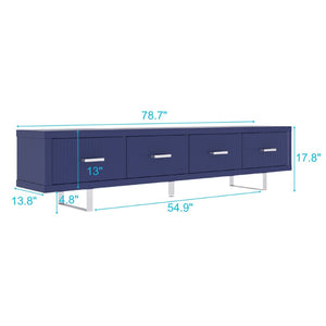 English Elm 78.7" Wide Low Profile Media Console Lacquered Gloss Finish Slatted Drawers Modern Living Blue B2757P456200
