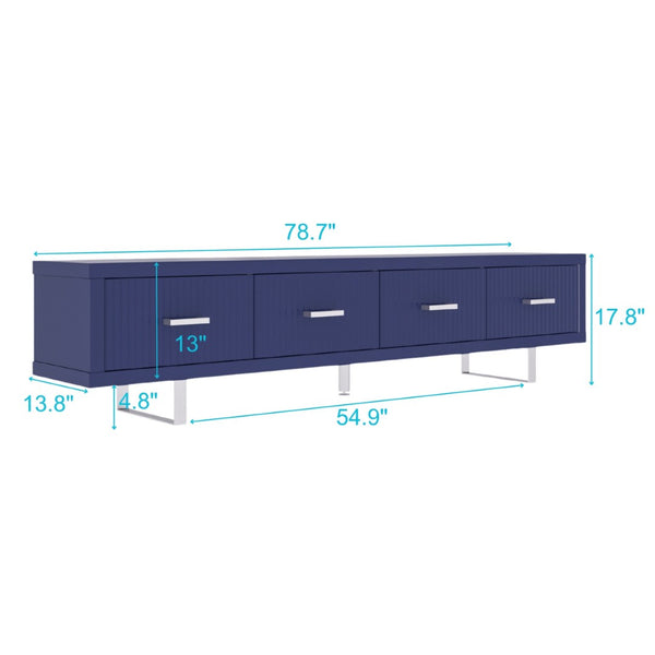English Elm 78.7" Wide Low Profile Media Console Lacquered Gloss Finish Slatted Drawers Modern Living Blue B2757P456200