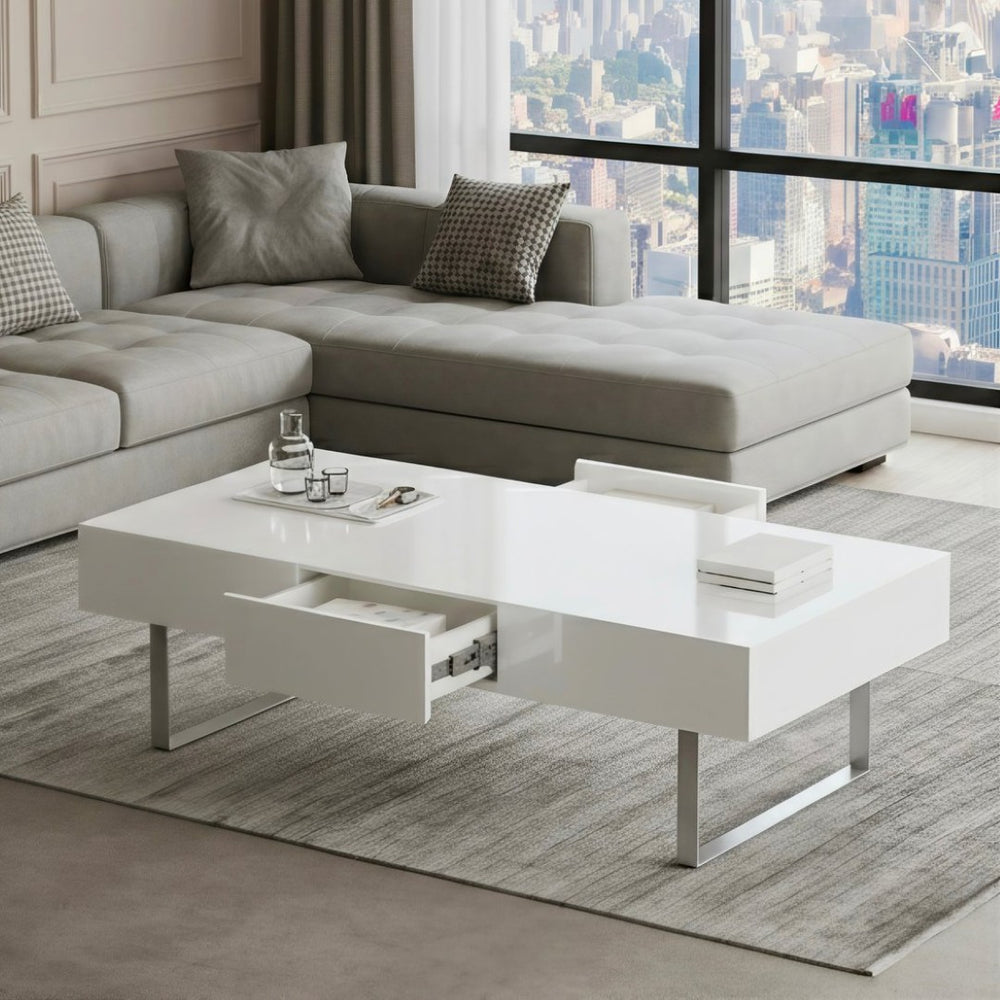 English Elm 52.4" Rectangular Coffee Table High Gloss Lacquer Hidden Drawers Modern Living Room White B2757P456201