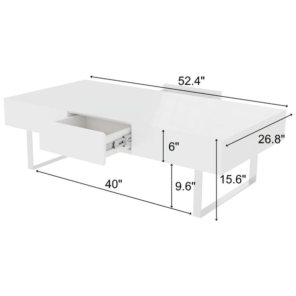 English Elm 52.4" Rectangular Coffee Table High Gloss Lacquer Hidden Drawers Modern Living Room White B2757P456201
