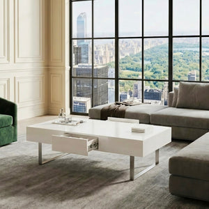 English Elm 52.4" Rectangular Coffee Table High Gloss Lacquer Hidden Drawers Modern Living Room White B2757P456201