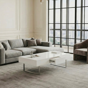 English Elm 52.4" Rectangular Coffee Table High Gloss Lacquer Hidden Drawers Modern Living Room White B2757P456201