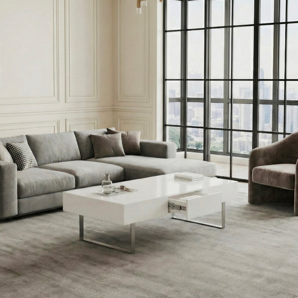 English Elm 52.4" Rectangular Coffee Table High Gloss Lacquer Hidden Drawers Modern Living Room White B2757P456201