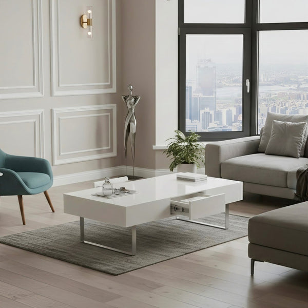English Elm 52.4" Rectangular Coffee Table High Gloss Lacquer Hidden Drawers Modern Living Room White B2757P456201
