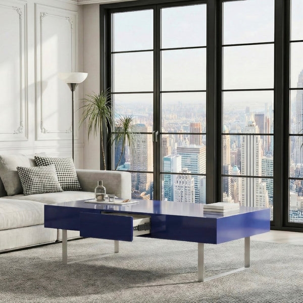 English Elm 52.4" Rectangular Coffee Table High Gloss Lacquer Hidden Drawers Modern Living Room Blue B2757P456202