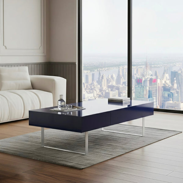 English Elm 52.4" Rectangular Coffee Table High Gloss Lacquer Hidden Drawers Modern Living Room Blue B2757P456202