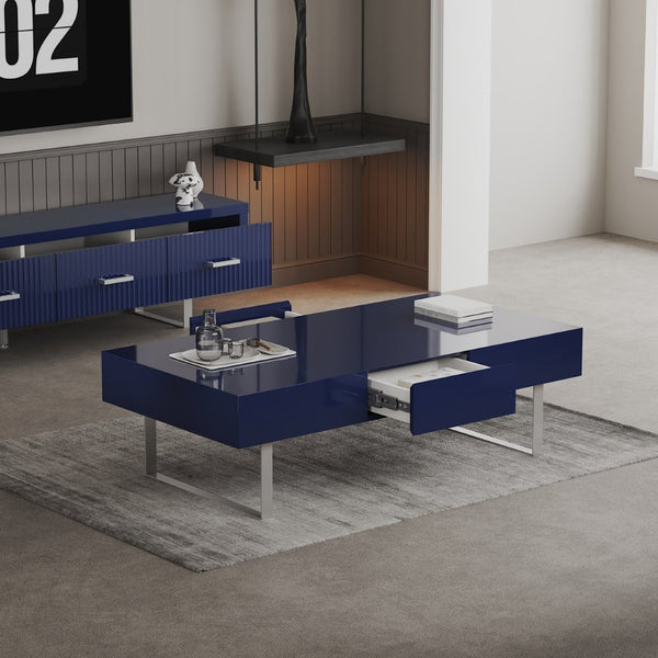 English Elm 52.4" Rectangular Coffee Table High Gloss Lacquer Hidden Drawers Modern Living Room Blue B2757P456202