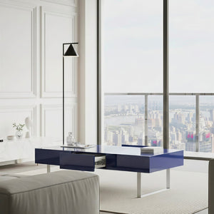 English Elm 52.4" Rectangular Coffee Table High Gloss Lacquer Hidden Drawers Modern Living Room Blue B2757P456202