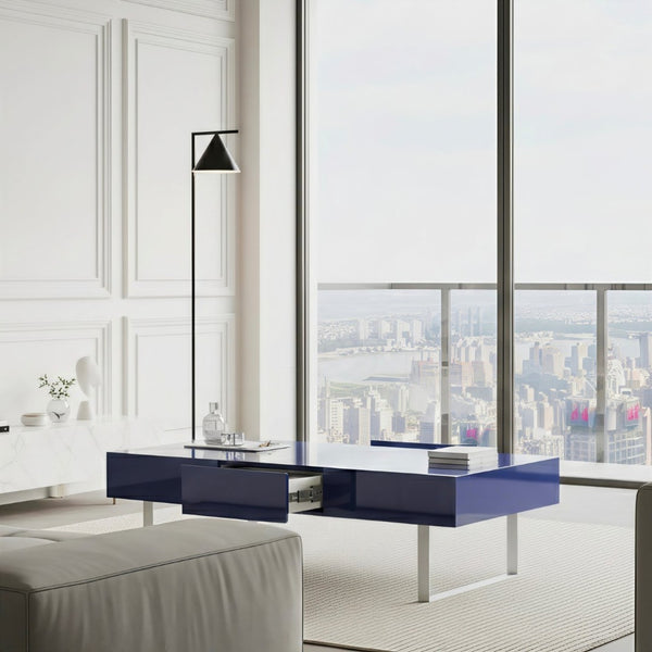 English Elm 52.4" Rectangular Coffee Table High Gloss Lacquer Hidden Drawers Modern Living Room Blue B2757P456202