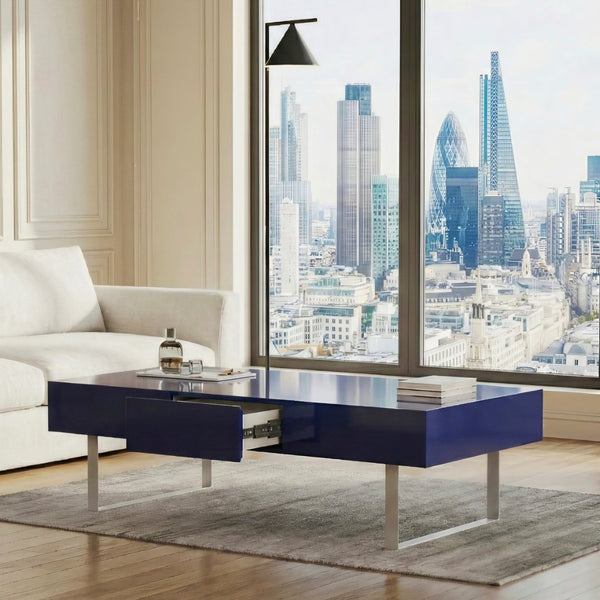 English Elm 52.4" Rectangular Coffee Table High Gloss Lacquer Hidden Drawers Modern Living Room Blue B2757P456202
