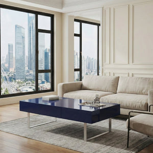 English Elm 52.4" Rectangular Coffee Table High Gloss Lacquer Hidden Drawers Modern Living Room Blue B2757P456202
