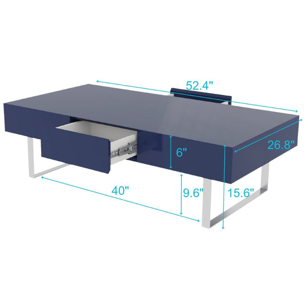 English Elm 52.4" Rectangular Coffee Table High Gloss Lacquer Hidden Drawers Modern Living Room Blue B2757P456202