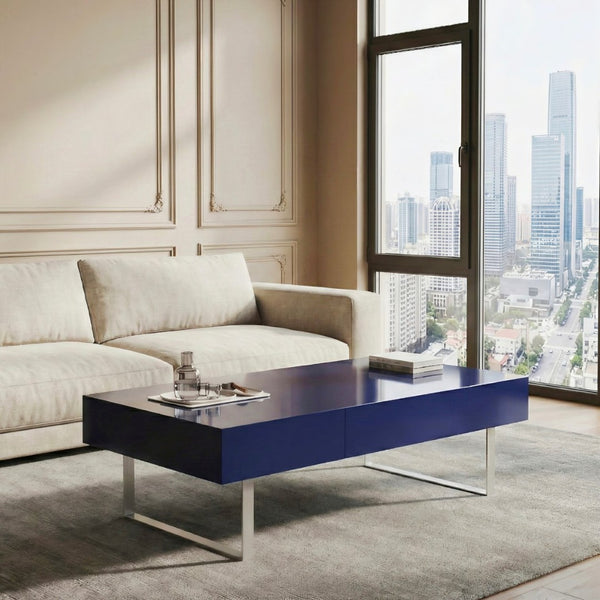 English Elm 52.4" Rectangular Coffee Table High Gloss Lacquer Hidden Drawers Modern Living Room Blue B2757P456202
