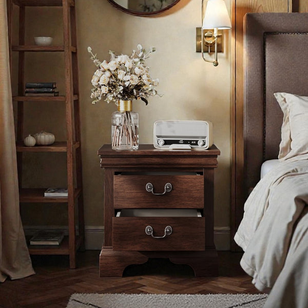 English Elm 22" Classic Wood Nightstand with Crown Molding and Scroll Pulls for Traditional Bedrooms Cherry B2757P456203