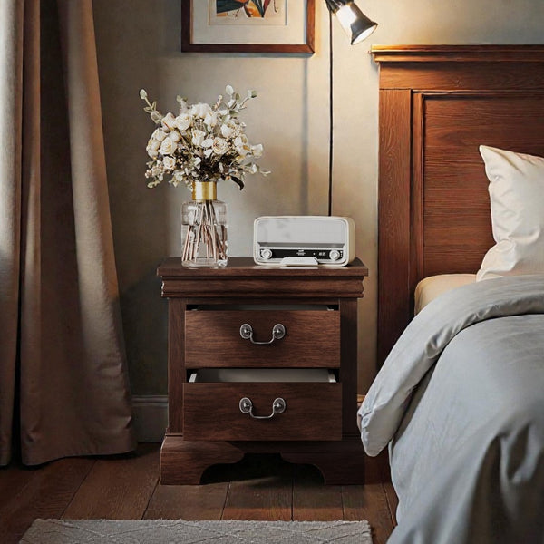 English Elm 22" Classic Wood Nightstand with Crown Molding and Scroll Pulls for Traditional Bedrooms Cherry B2757P456203