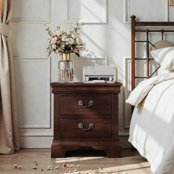 English Elm 22" Classic Wood Nightstand with Crown Molding and Scroll Pulls for Traditional Bedrooms Cherry B2757P456203