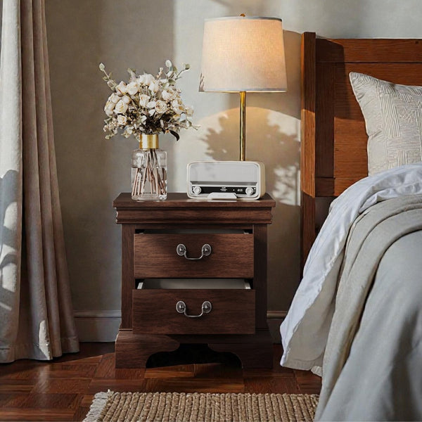 English Elm 22" Classic Wood Nightstand with Crown Molding and Scroll Pulls for Traditional Bedrooms Cherry B2757P456203