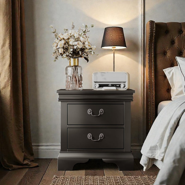 English Elm 22" Classic Wood Nightstand with Crown Molding and Scroll Pulls for Traditional Bedrooms Black B2757P456204