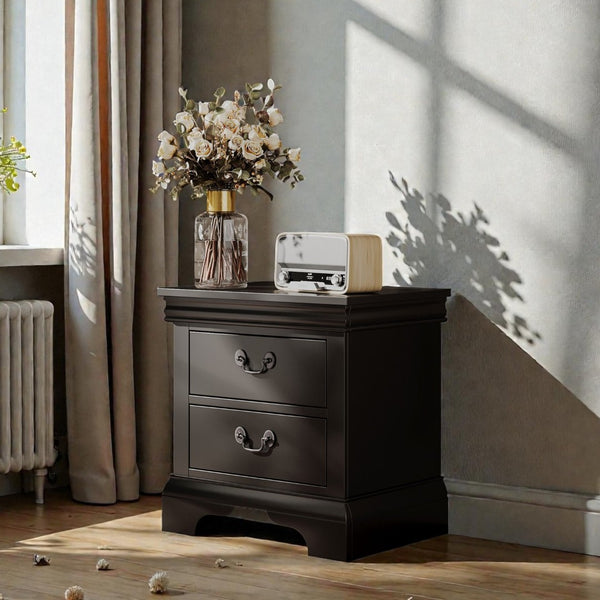 English Elm 22" Classic Wood Nightstand with Crown Molding and Scroll Pulls for Traditional Bedrooms Black B2757P456204