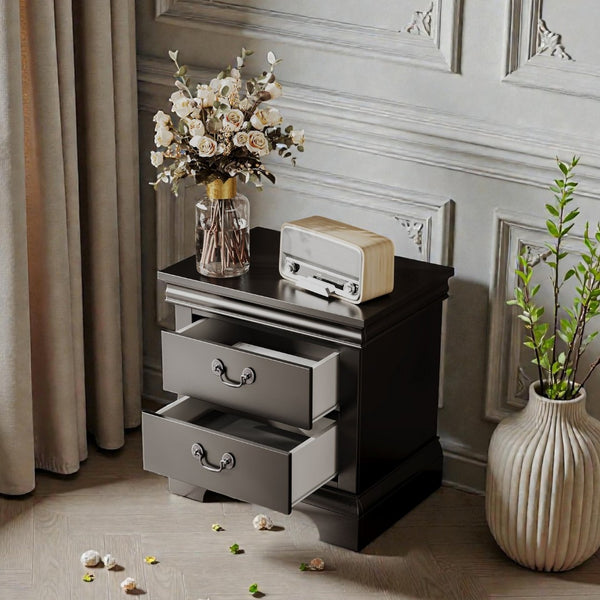English Elm 22" Classic Wood Nightstand with Crown Molding and Scroll Pulls for Traditional Bedrooms Black B2757P456204
