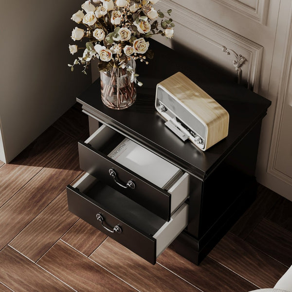 English Elm 22" Classic Wood Nightstand with Crown Molding and Scroll Pulls for Traditional Bedrooms Black B2757P456204