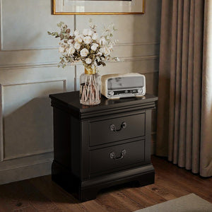 English Elm 22" Classic Wood Nightstand with Crown Molding and Scroll Pulls for Traditional Bedrooms Black B2757P456204