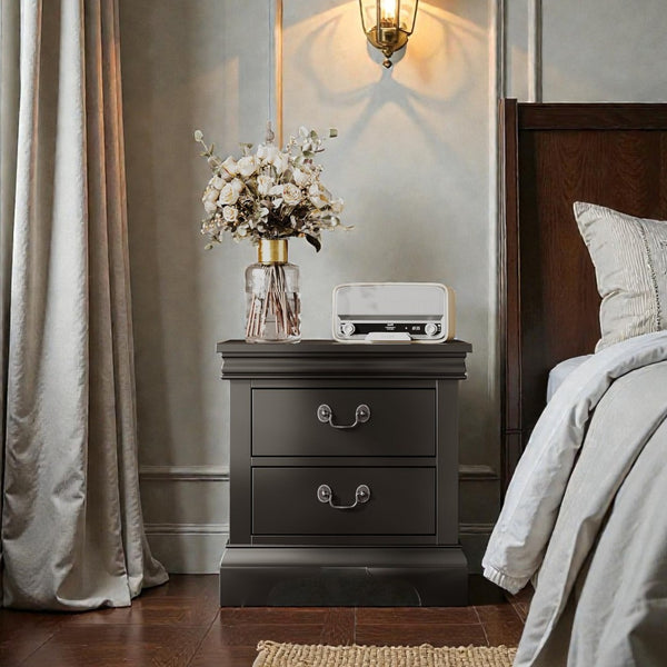 English Elm 22" Classic Wood Nightstand with Crown Molding and Scroll Pulls for Traditional Bedrooms Black B2757P456204