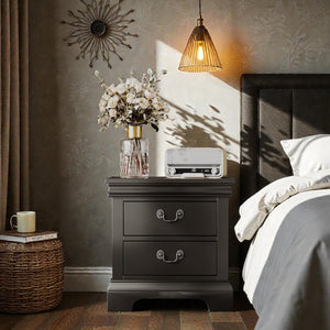 English Elm 22" Classic Wood Nightstand with Crown Molding and Scroll Pulls for Traditional Bedrooms Black B2757P456204