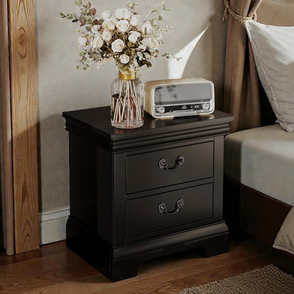 English Elm 22" Classic Wood Nightstand with Crown Molding and Scroll Pulls for Traditional Bedrooms Black B2757P456204
