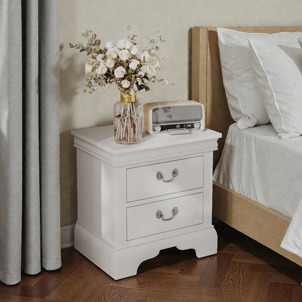 English Elm 22" Classic Wood Nightstand with Crown Molding and Scroll Pulls for Traditional Bedrooms White B2757P456205