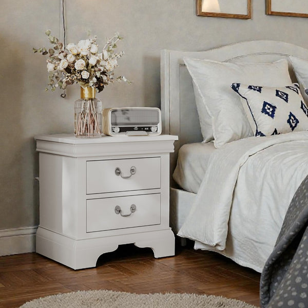 English Elm 22" Classic Wood Nightstand with Crown Molding and Scroll Pulls for Traditional Bedrooms White B2757P456205