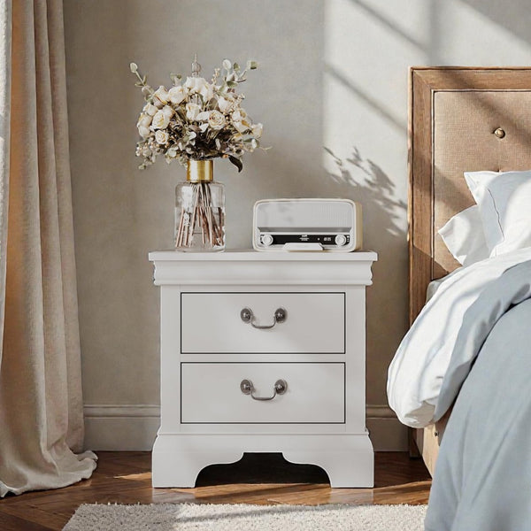 English Elm 22" Classic Wood Nightstand with Crown Molding and Scroll Pulls for Traditional Bedrooms White B2757P456205