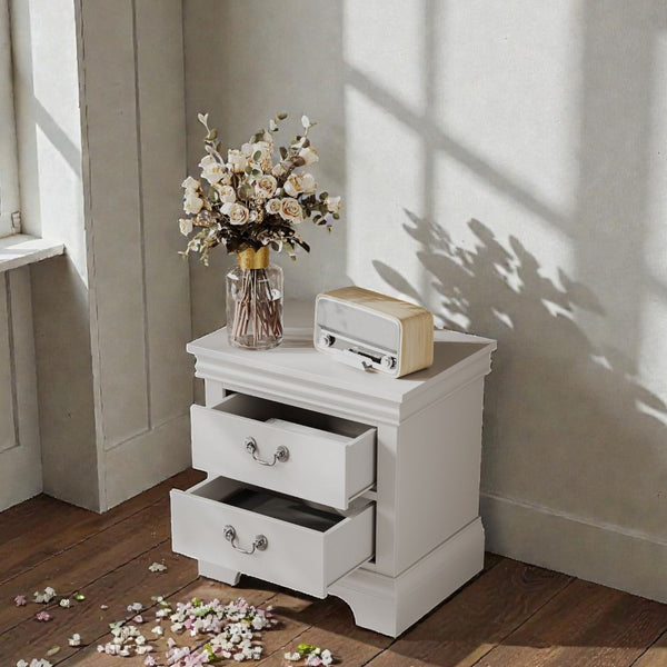 English Elm 22" Classic Wood Nightstand with Crown Molding and Scroll Pulls for Traditional Bedrooms White B2757P456205