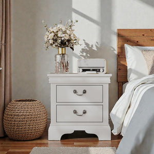 English Elm 22" Classic Wood Nightstand with Crown Molding and Scroll Pulls for Traditional Bedrooms White B2757P456205
