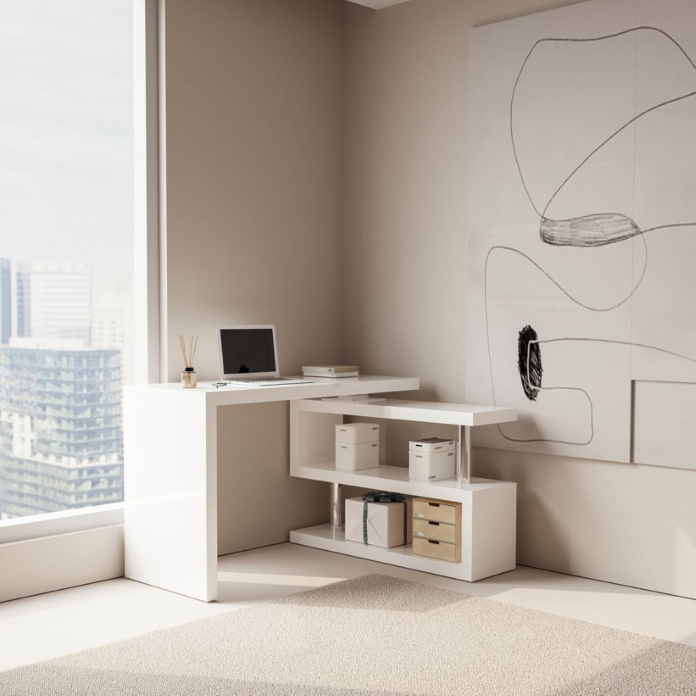 English Elm Modern Swivel Top Office Desk with Open Shelving Glossy White Rotating 47 Inch B2757P458497