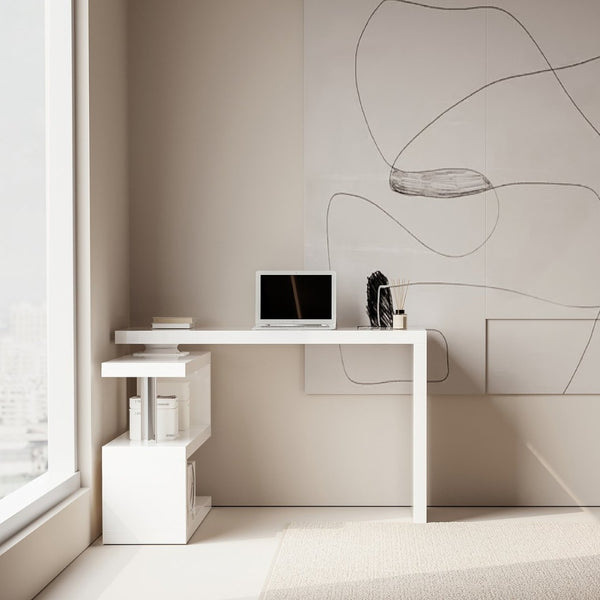English Elm Modern Swivel Top Office Desk with Open Shelving Glossy White Rotating 47 Inch B2757P458497