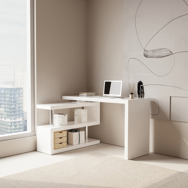 English Elm Modern Swivel Top Office Desk with Open Shelving Glossy White Rotating 47 Inch B2757P458497