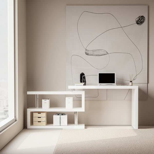 English Elm Modern Swivel Top Office Desk with Open Shelving Glossy White Rotating 47 Inch B2757P458497