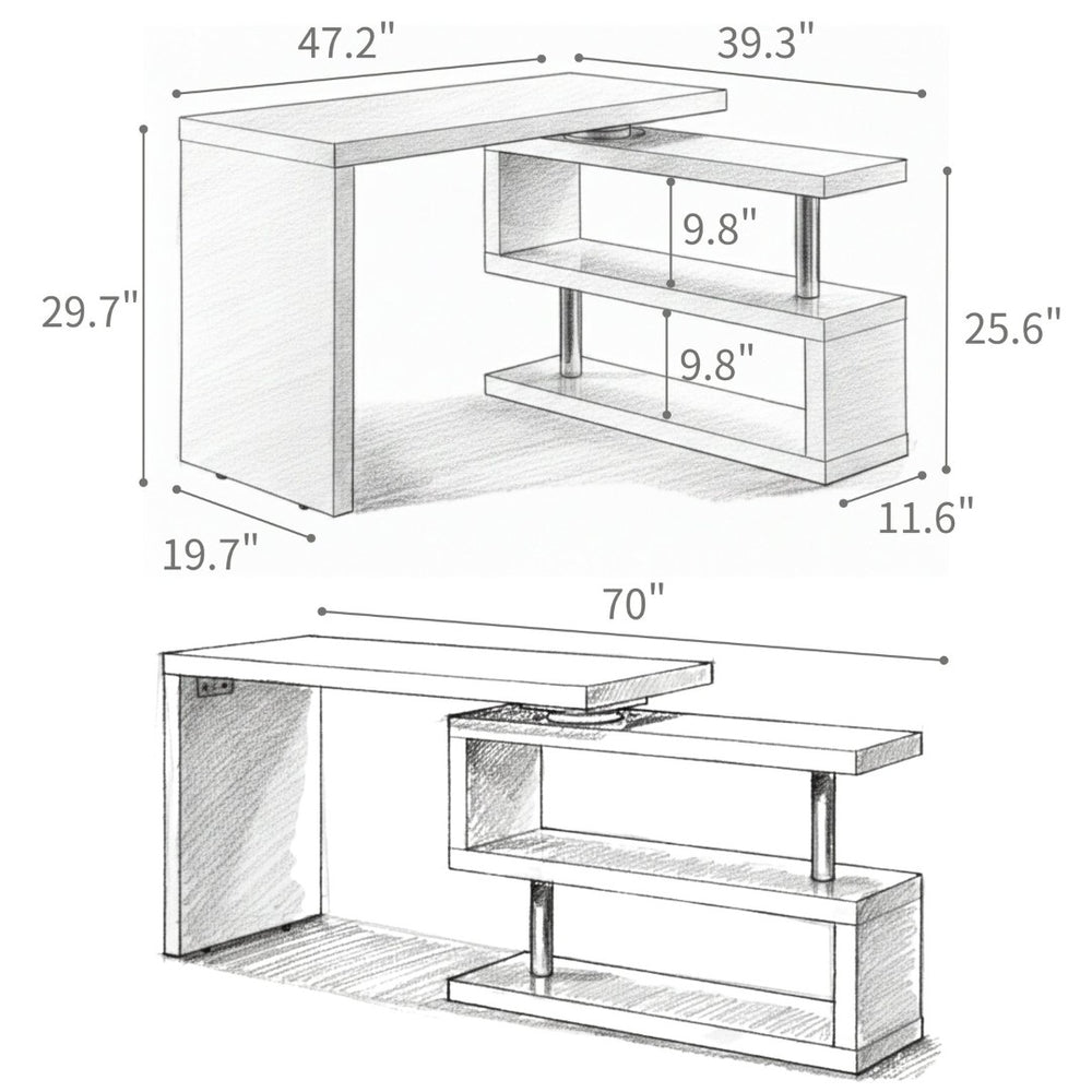 English Elm Modern Swivel Top Office Desk with Open Shelving Glossy White Rotating 47 Inch B2757P458497