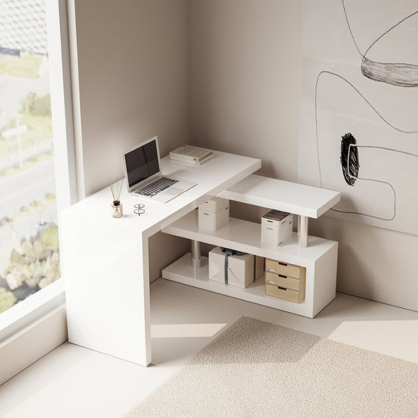 English Elm Modern Swivel Top Office Desk with Open Shelving Glossy White Rotating 47 Inch B2757P458497