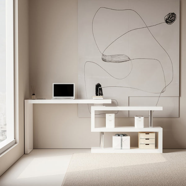 English Elm Modern Swivel Top Office Desk with Open Shelving Glossy White Rotating 47 Inch B2757P458497