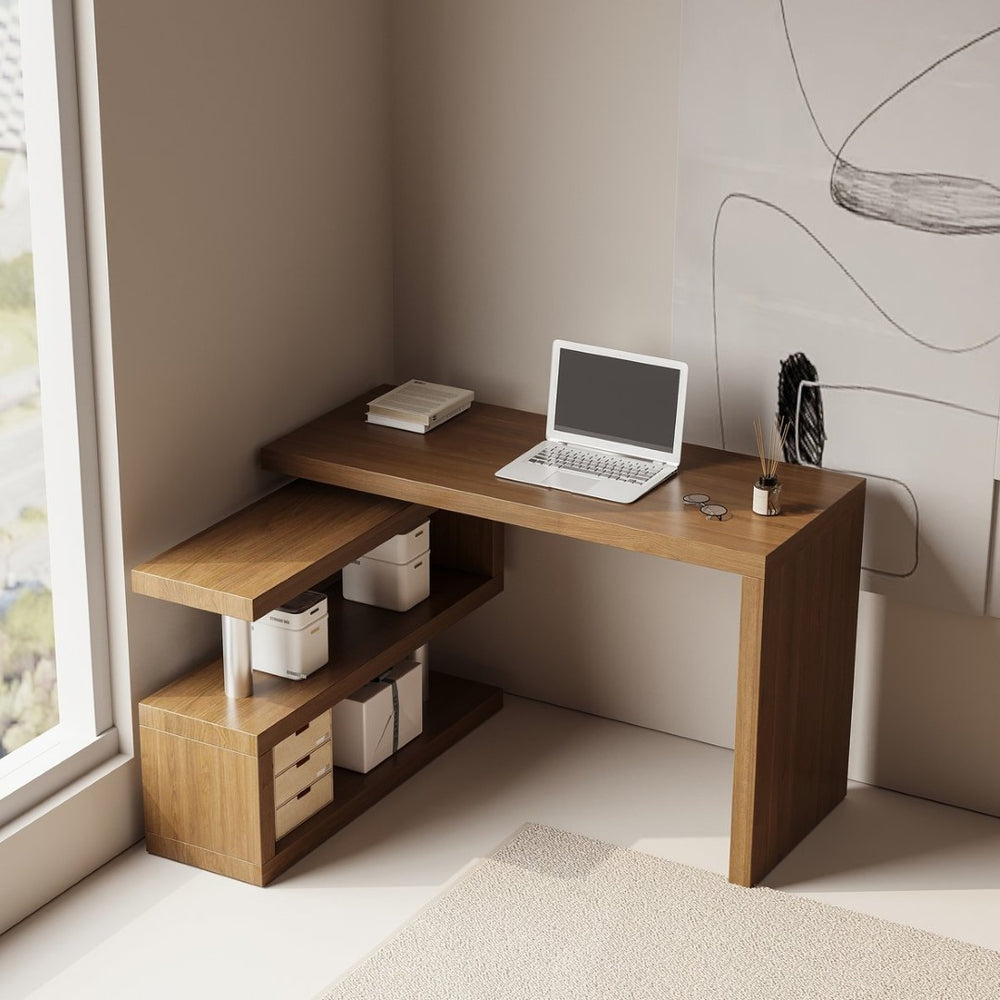 English Elm Modern Walnut Finish Swivel Top Desk with 360 Degree Rotating Surface for Home Office B2757P458498