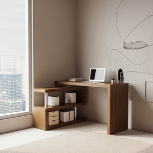 English Elm Modern Walnut Finish Swivel Top Desk with 360 Degree Rotating Surface for Home Office B2757P458498