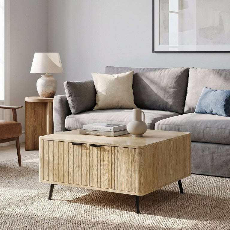 English Elm 35.43L Square Lift Top Coffee Table Fluted Wood Grain Finish Scandinavian Living Room Oak B2757P605813