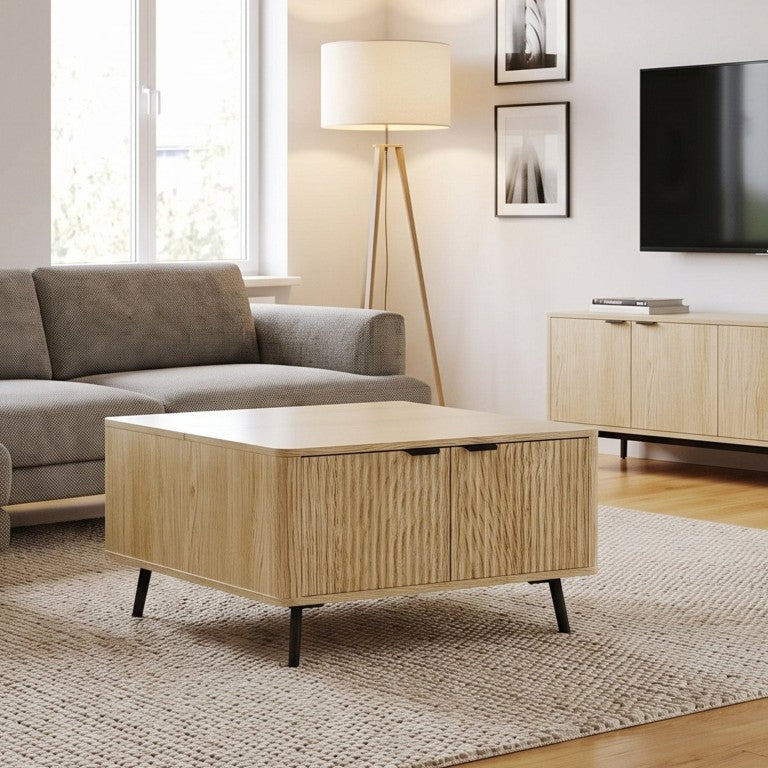English Elm 35.43L Square Lift Top Coffee Table Fluted Wood Grain Finish Scandinavian Living Room Oak B2757P605813