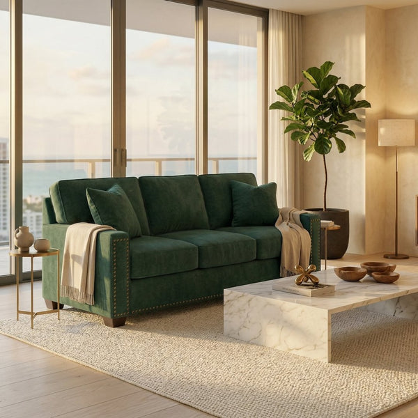 English Elm Clifford Velvet Sofa Handcrafted American Square Arm Living Room Comfort Seating Kelly Green / Forest Green B2761P498114