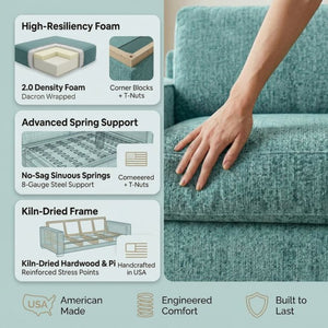 English Elm Modena Square Arm Sofa USA Handcrafted Hardwood Frame Polyester Upholstered Living Room Hepburn Emerald B2761P498636