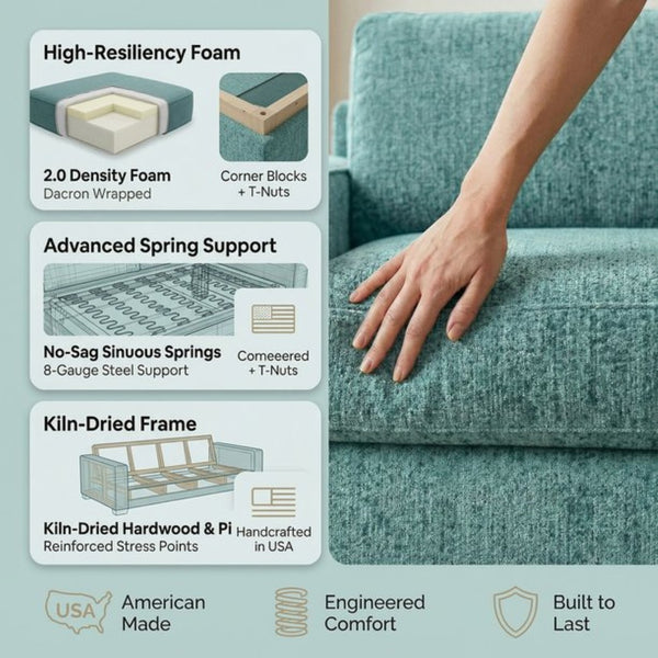 English Elm Modena Square Arm Sofa USA Handcrafted Hardwood Frame Polyester Upholstered Living Room Hepburn Emerald B2761P498636