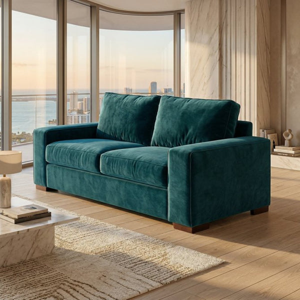 English Elm Modena Square Arm Sofa USA Handcrafted Hardwood Frame Polyester Upholstered Living Room Velvet Antique Peacock B2761P498638